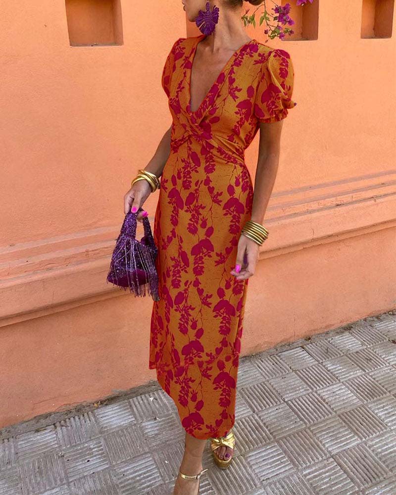 Pritchard™ | A-Line V-Neck Dress with Leaf Pattern