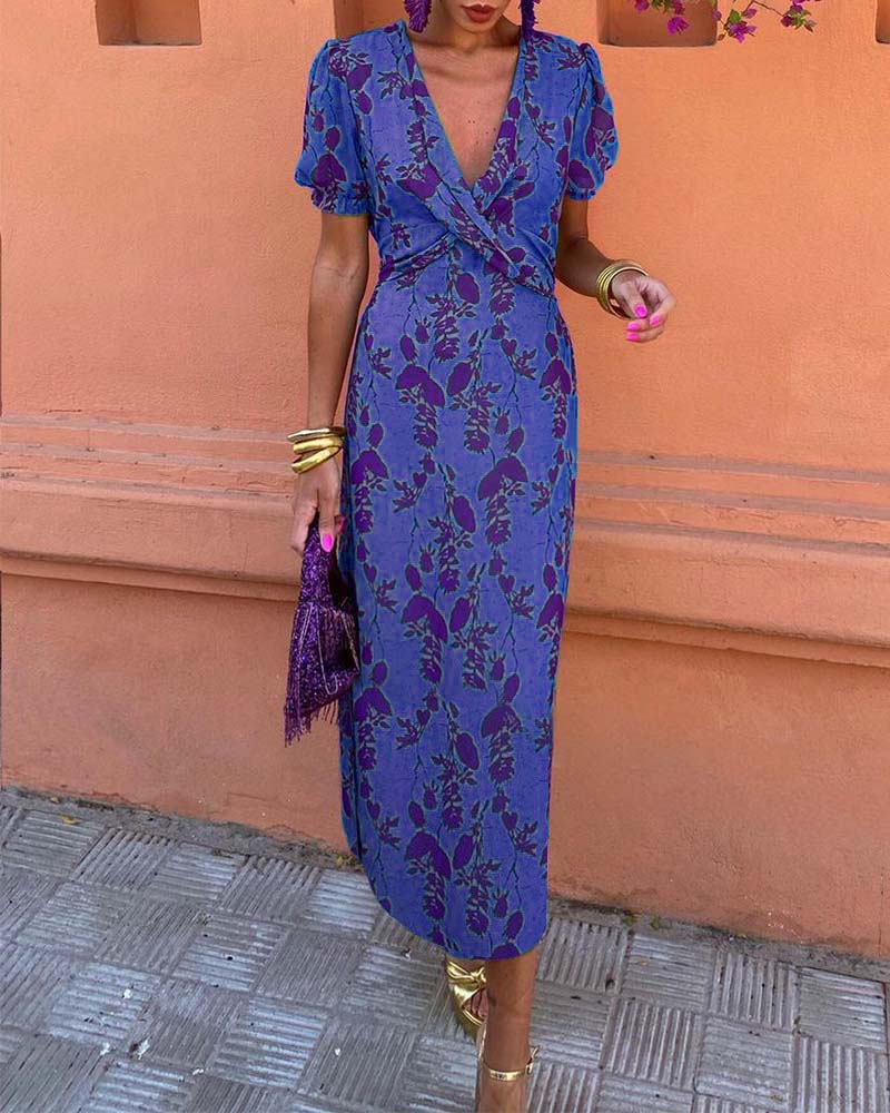 Pritchard™ | A-Line V-Neck Dress with Leaf Pattern