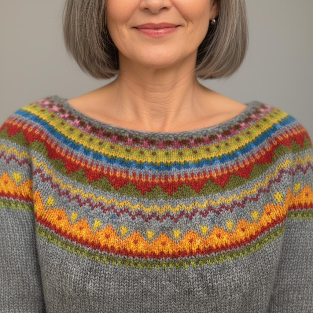 Women's Grey Fair Isle Crew Neck Yoke Jumper