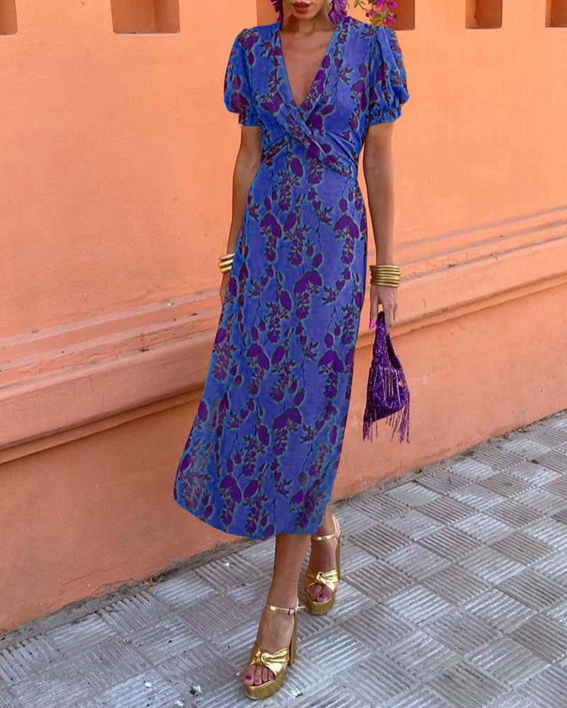 Pritchard™ | A-Line V-Neck Dress with Leaf Pattern