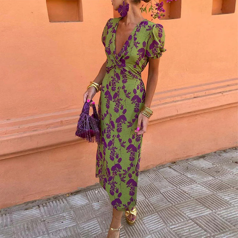 Pritchard™ | A-Line V-Neck Dress with Leaf Pattern