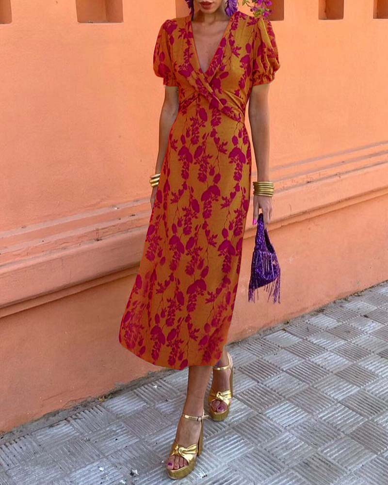 Pritchard™ | A-Line V-Neck Dress with Leaf Pattern