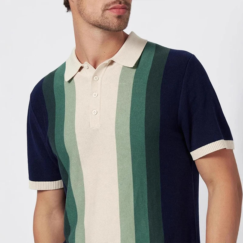 Crowthorne™ | Vertical Striped Patchwork Knitted Polo Shirt