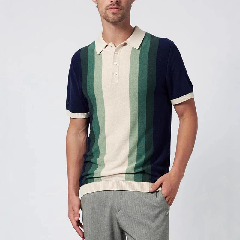 Crowthorne™ | Vertical Striped Patchwork Knitted Polo Shirt