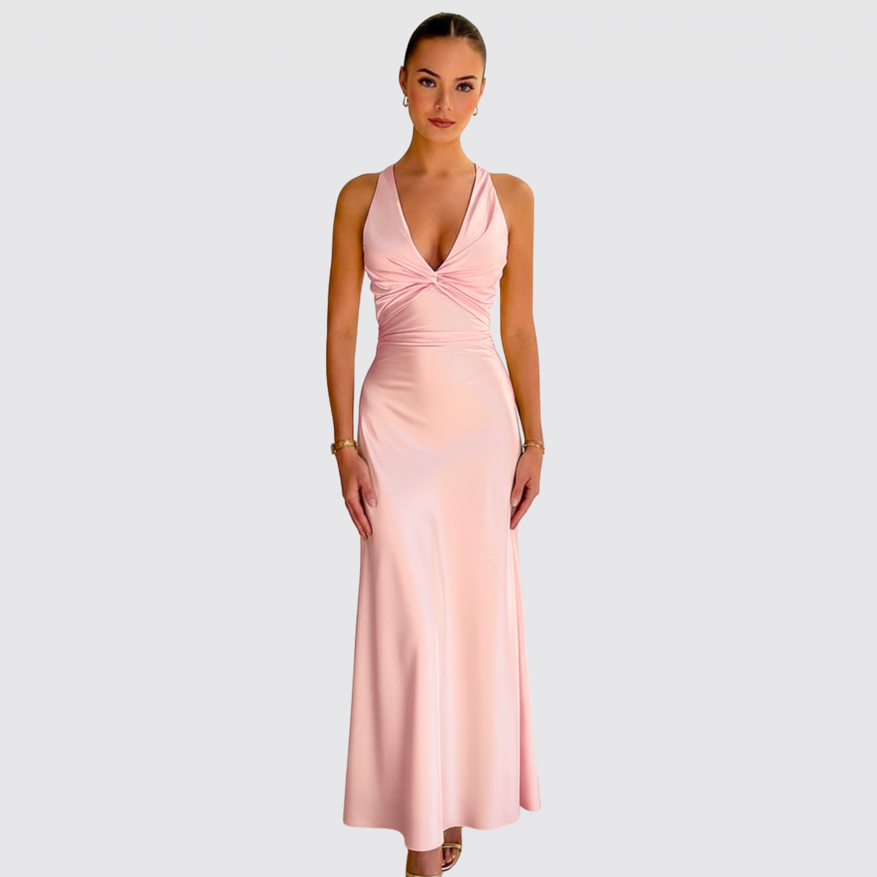 Women's Satin Halter Neck Tie Back Twist Christmas Party Maxi Dress