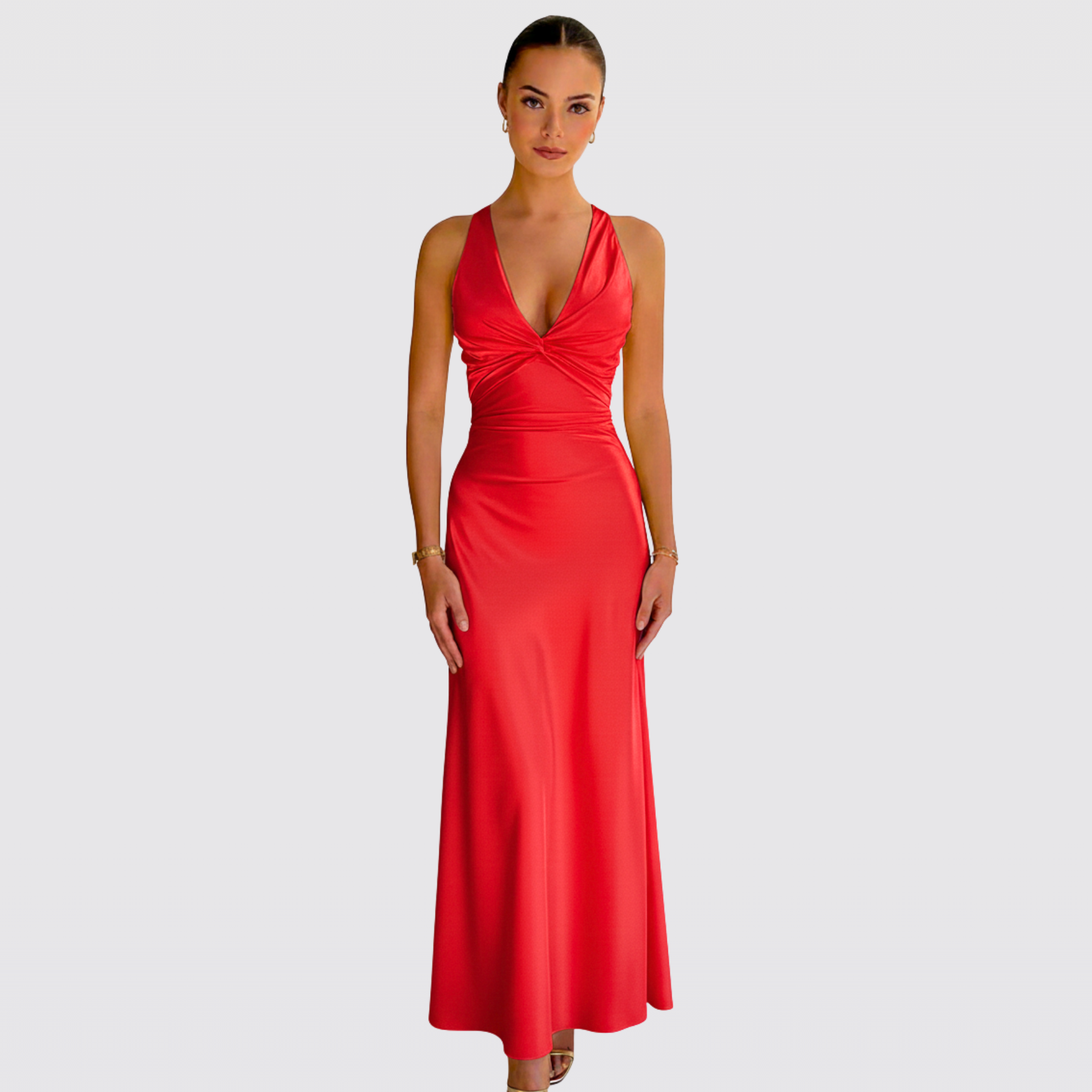 Women's Satin Halter Neck Tie Back Twist Christmas Party Maxi Dress