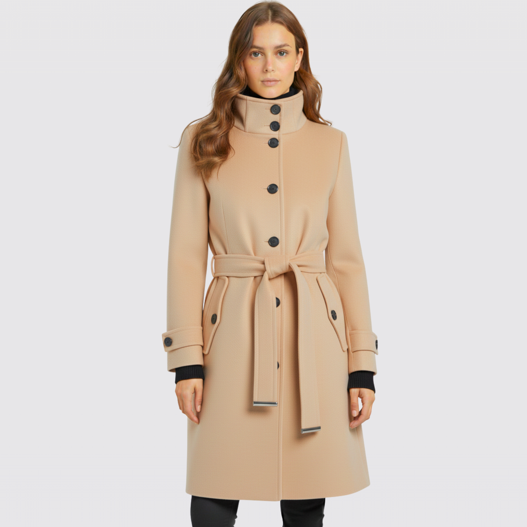 Women's Belted Long Wool Blend Winter Trench Coat