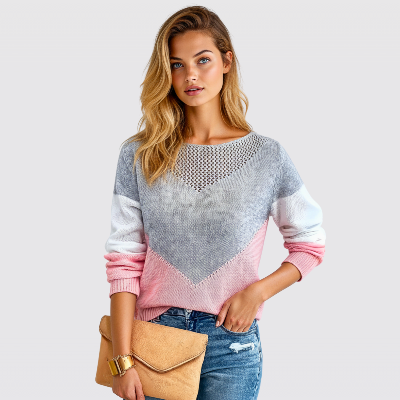Women's Pink Grey White Winter Jumper with Fishnet Detailing