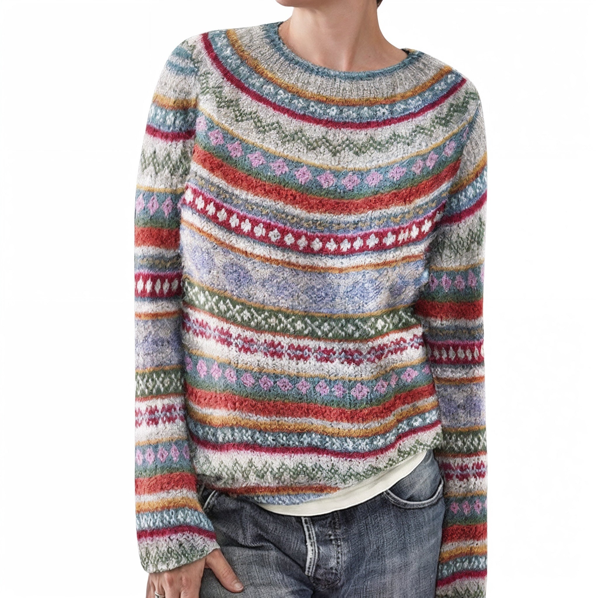 Women's Colourful Fair Isle Crew Neck Yoke Jumper