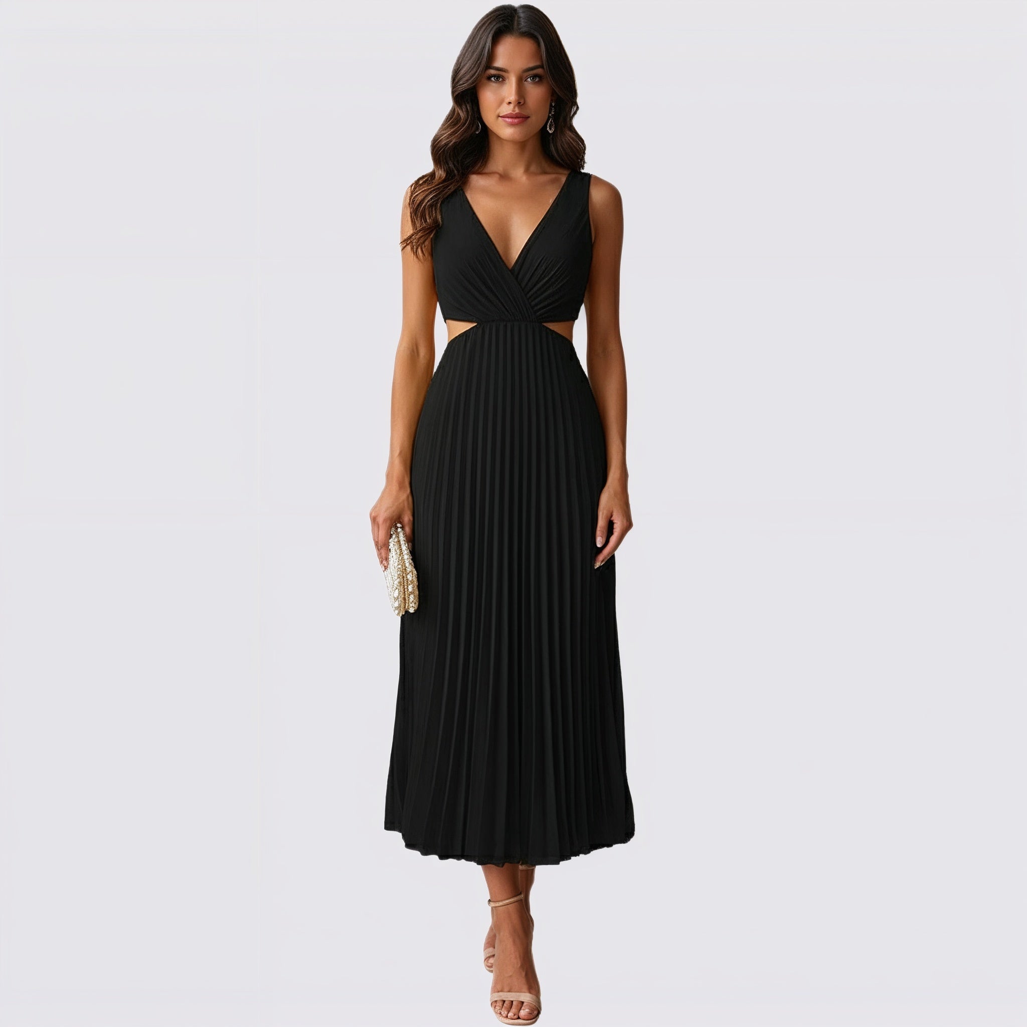 Women's V-Neck Pleated Skirt Midi Dress