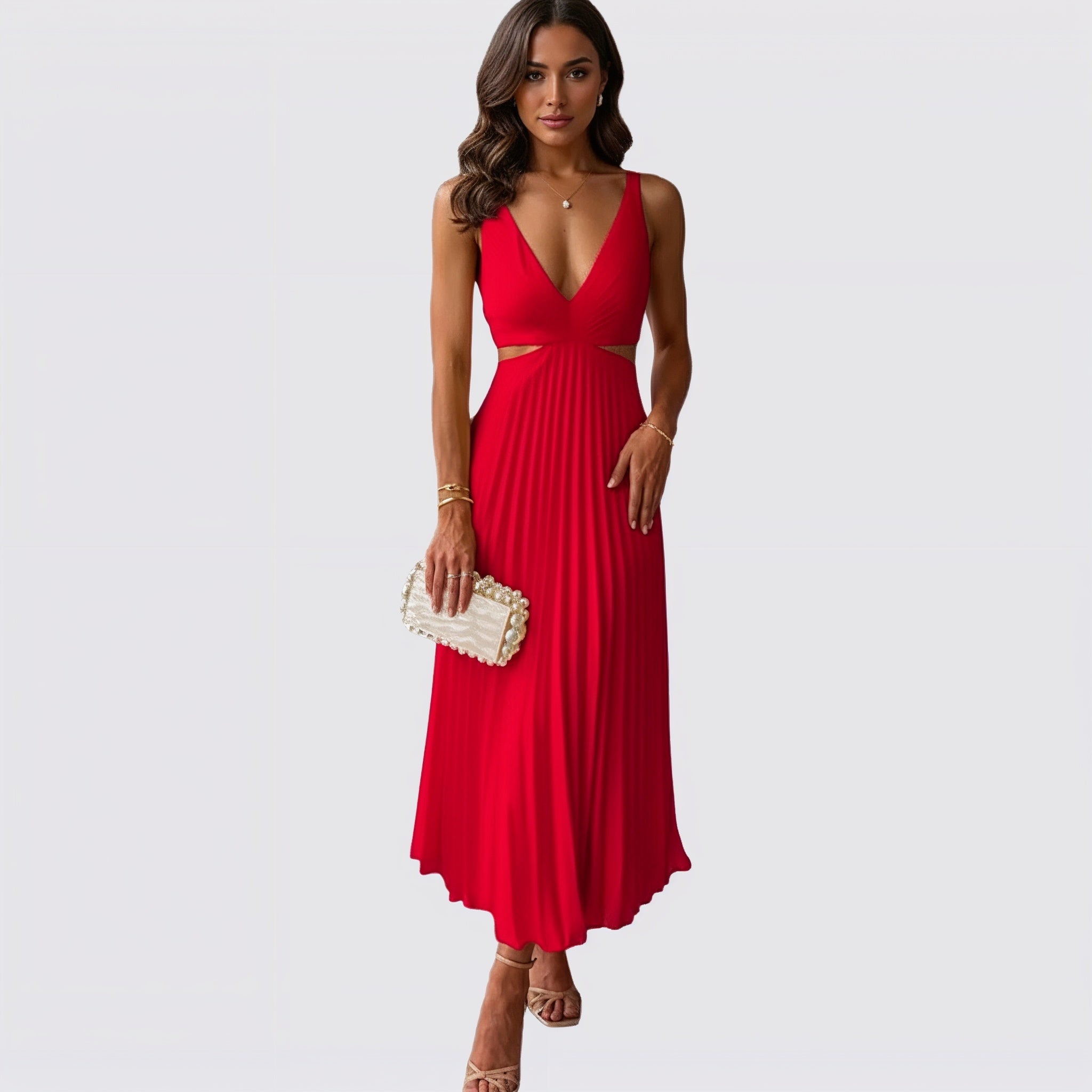 Women's V-Neck Pleated Skirt Midi Dress