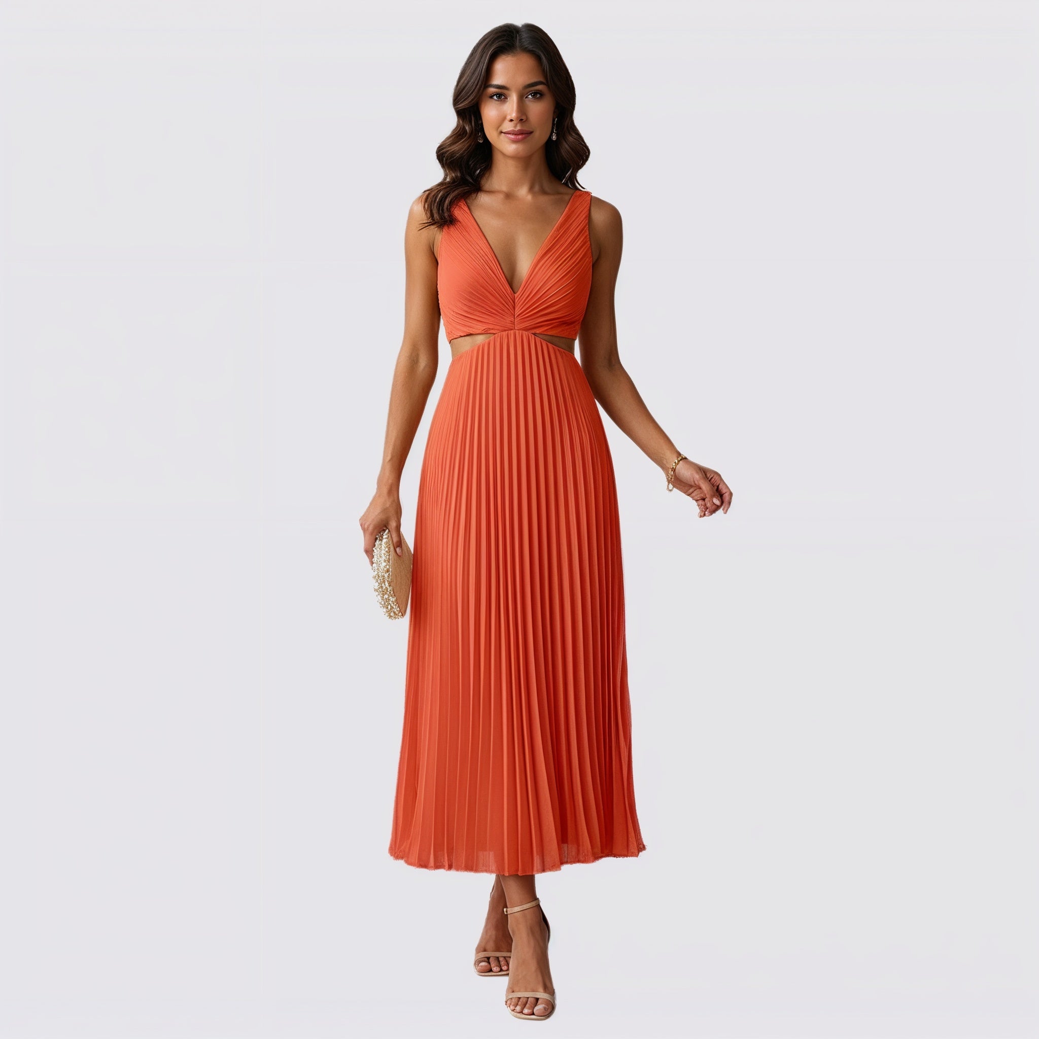 Women's V-Neck Pleated Skirt Midi Dress