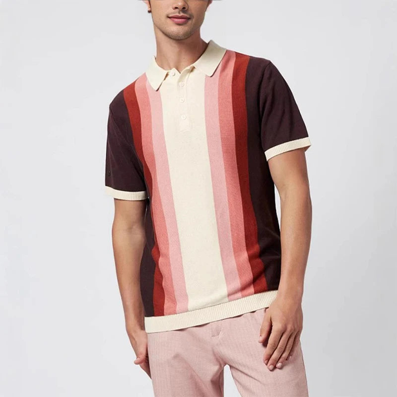 Crowthorne™ | Vertical Striped Patchwork Knitted Polo Shirt