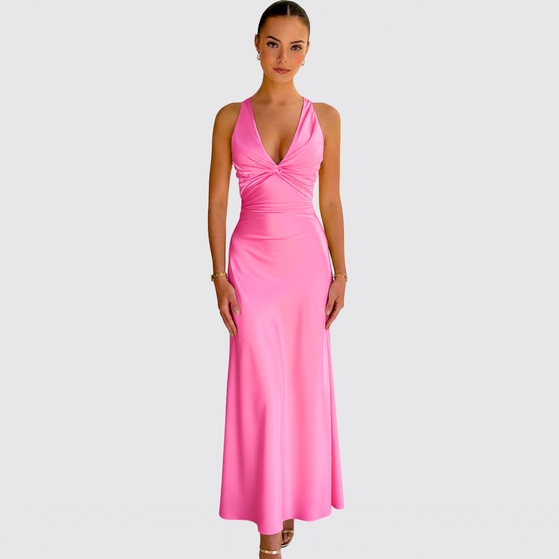 Women's Satin Halter Neck Tie Back Twist Christmas Party Maxi Dress