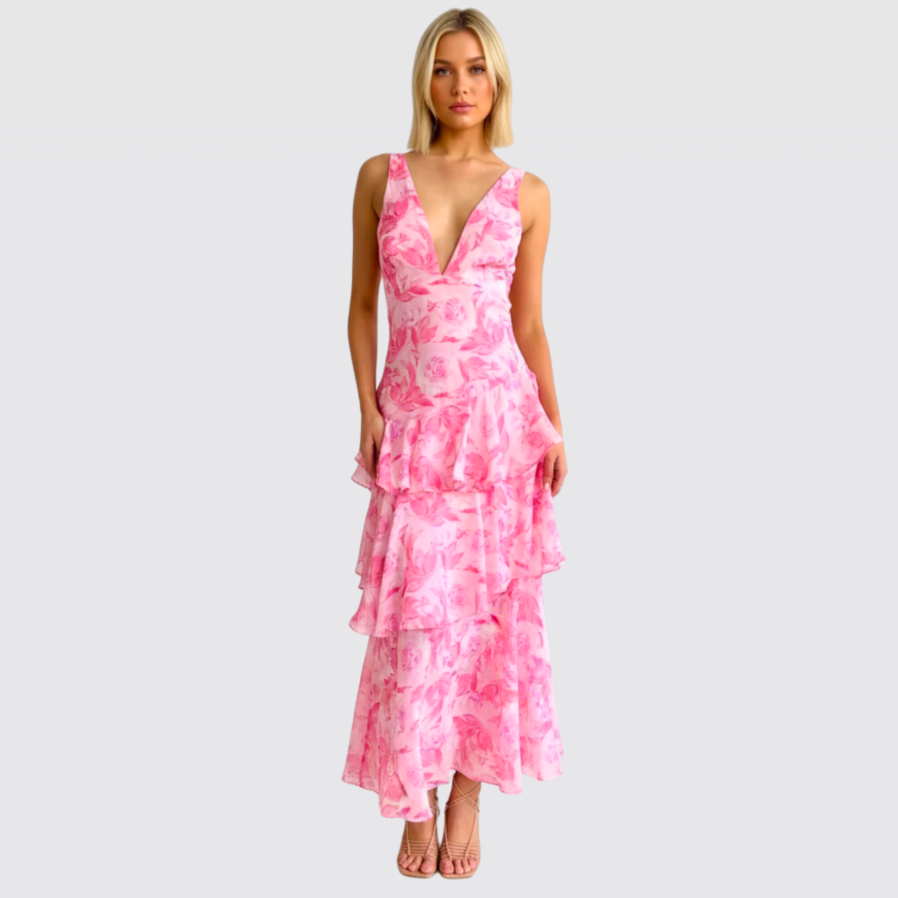 Women's Floral Ruffle Tiered V-Neck Christmas Party Maxi Dress