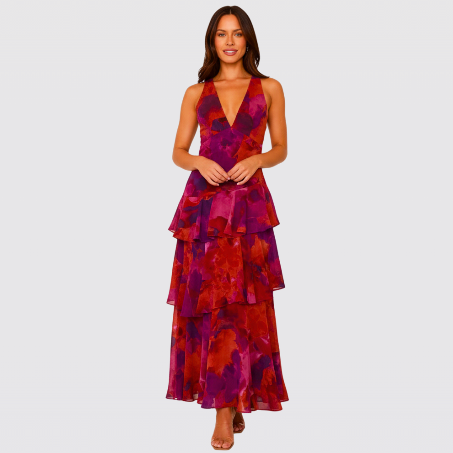 Women's Floral Ruffle Tiered V-Neck Christmas Party Maxi Dress