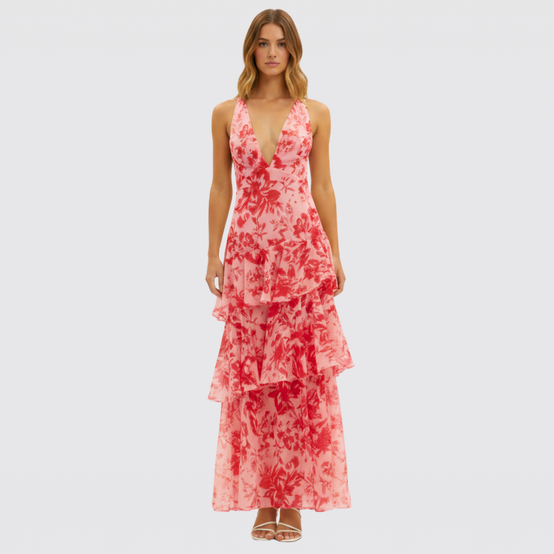 Women's Floral Ruffle Tiered V-Neck Christmas Party Maxi Dress