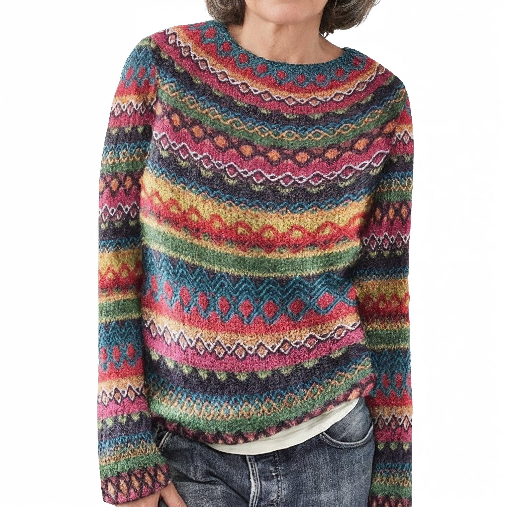 Women's Colourful Fair Isle Crew Neck Yoke Jumper