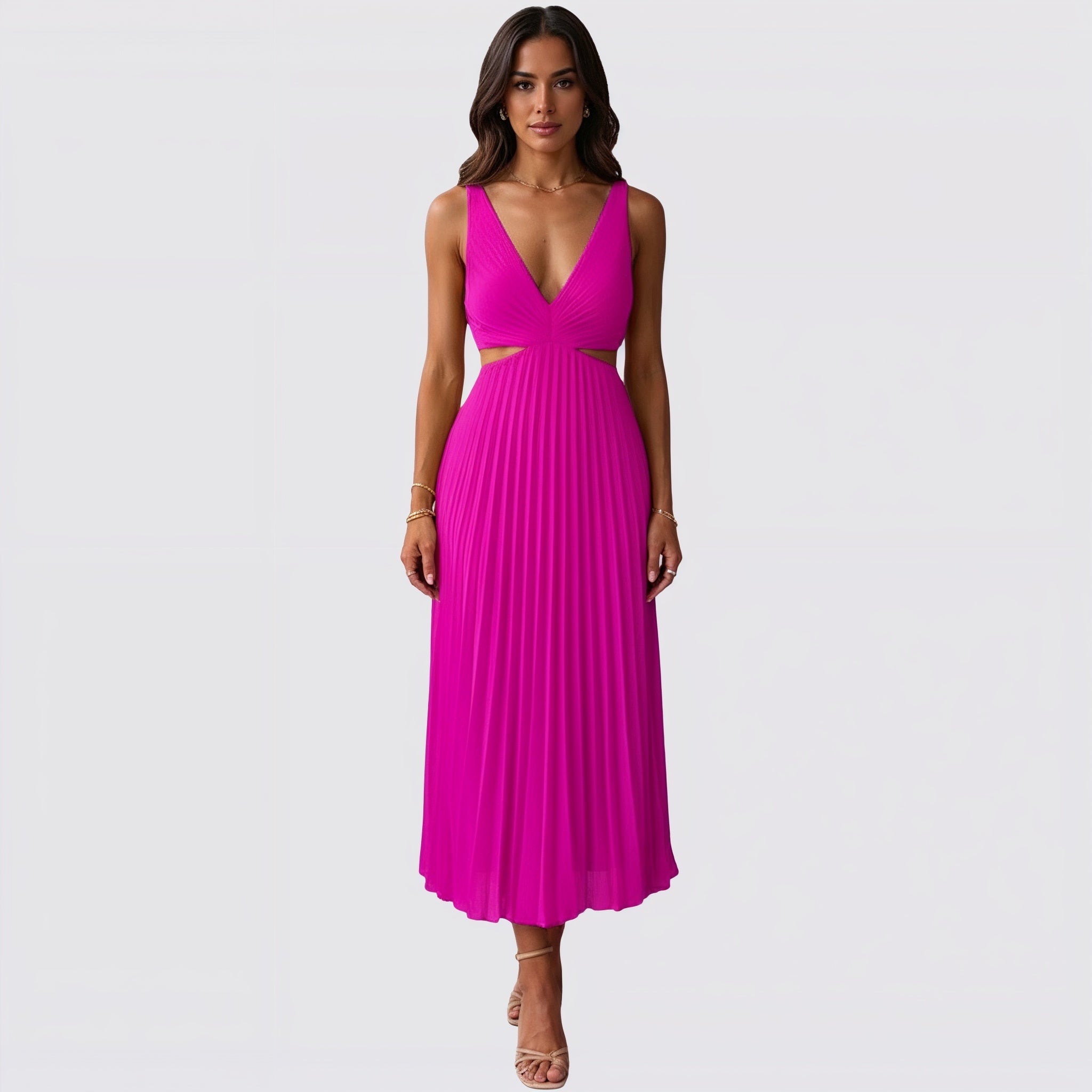 Women's V-Neck Pleated Skirt Midi Dress