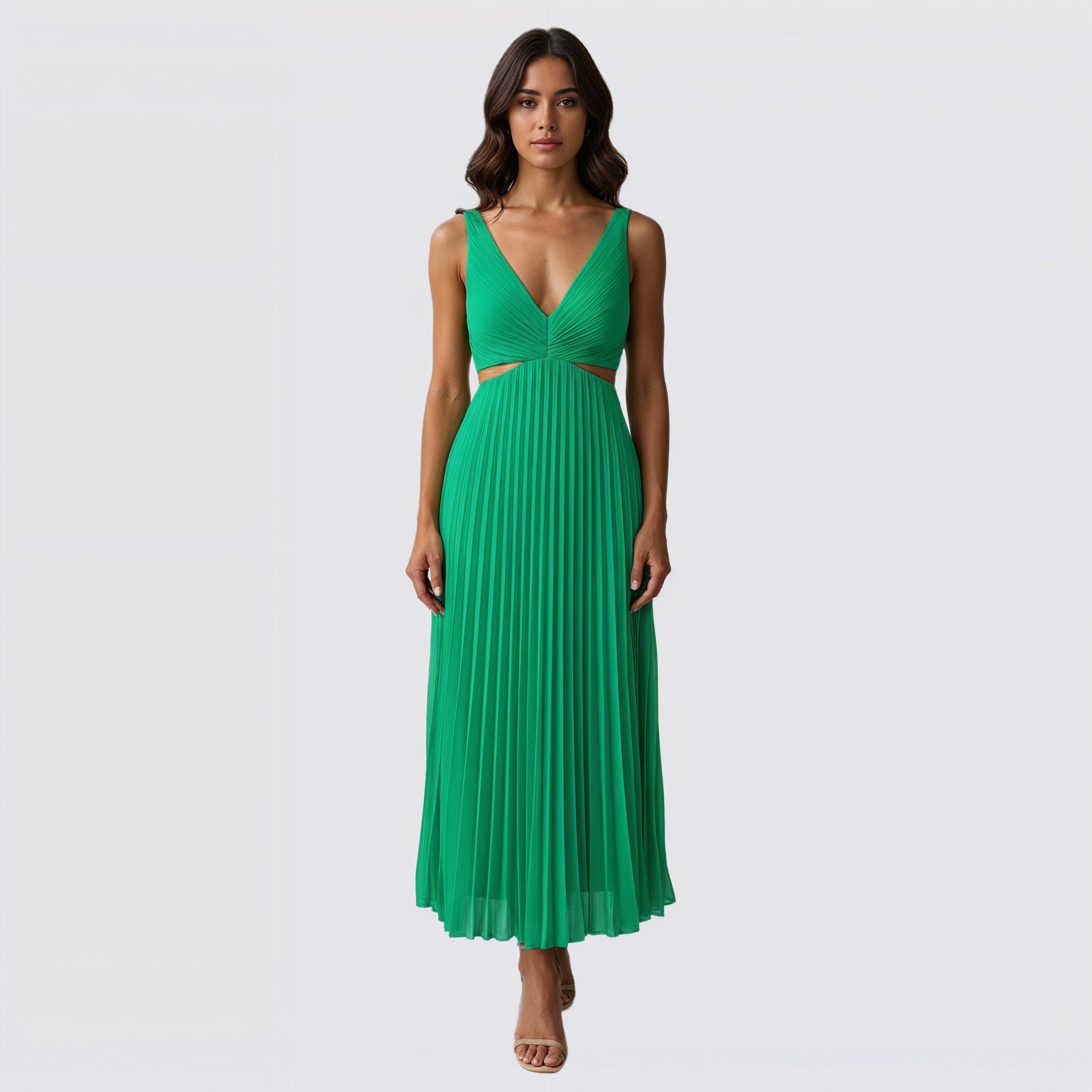 Women's V-Neck Pleated Skirt Midi Dress