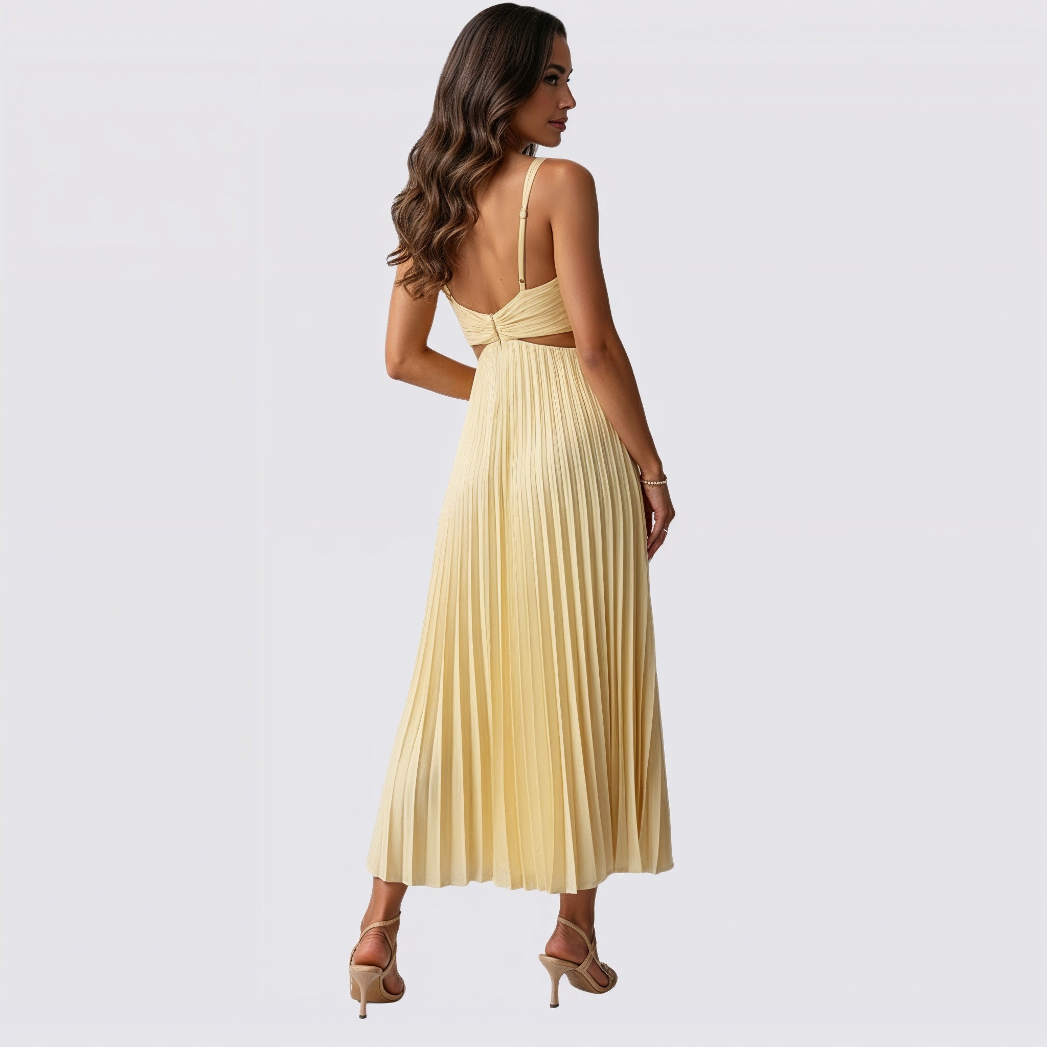 Women's V-Neck Pleated Skirt Midi Dress