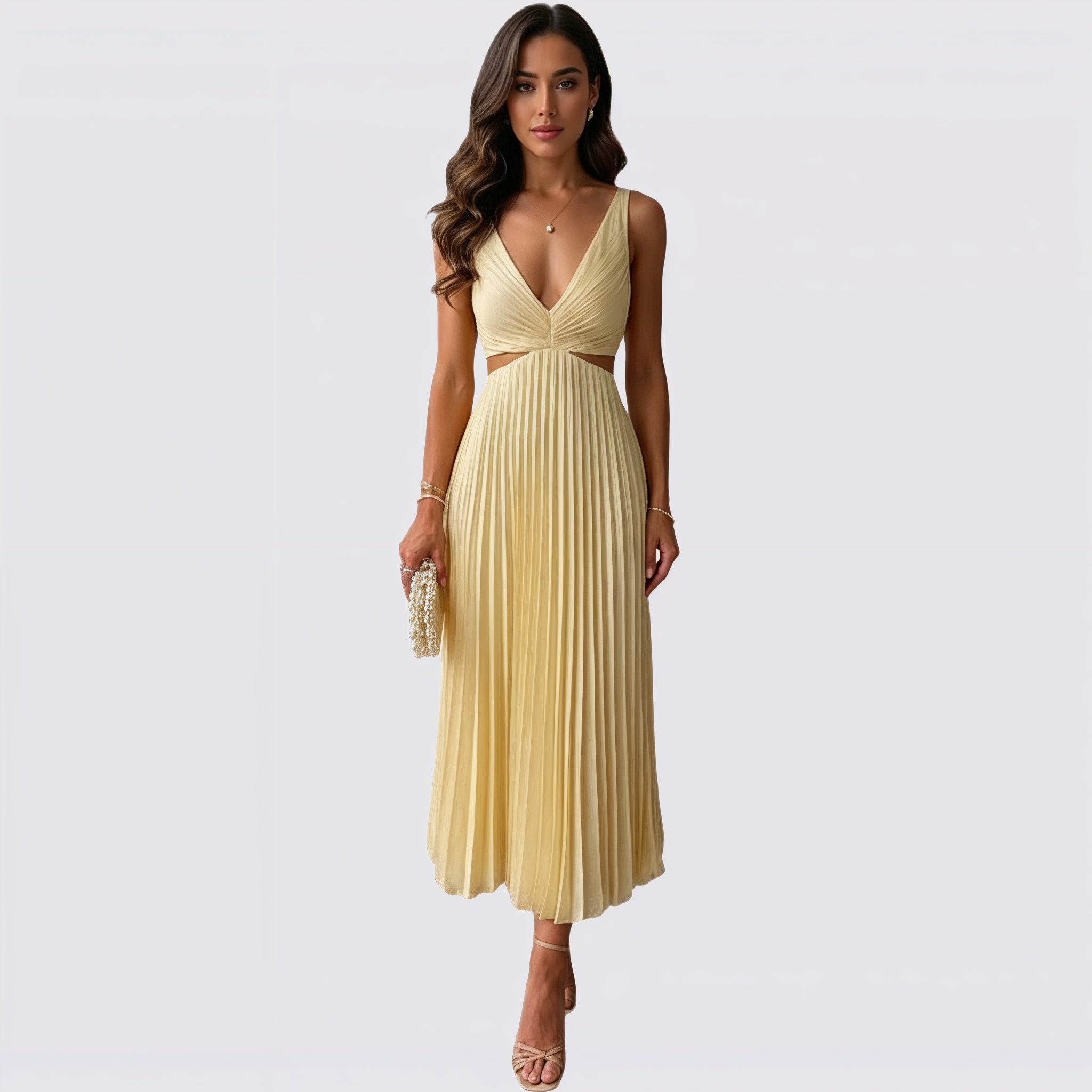 Women's V-Neck Pleated Skirt Midi Dress
